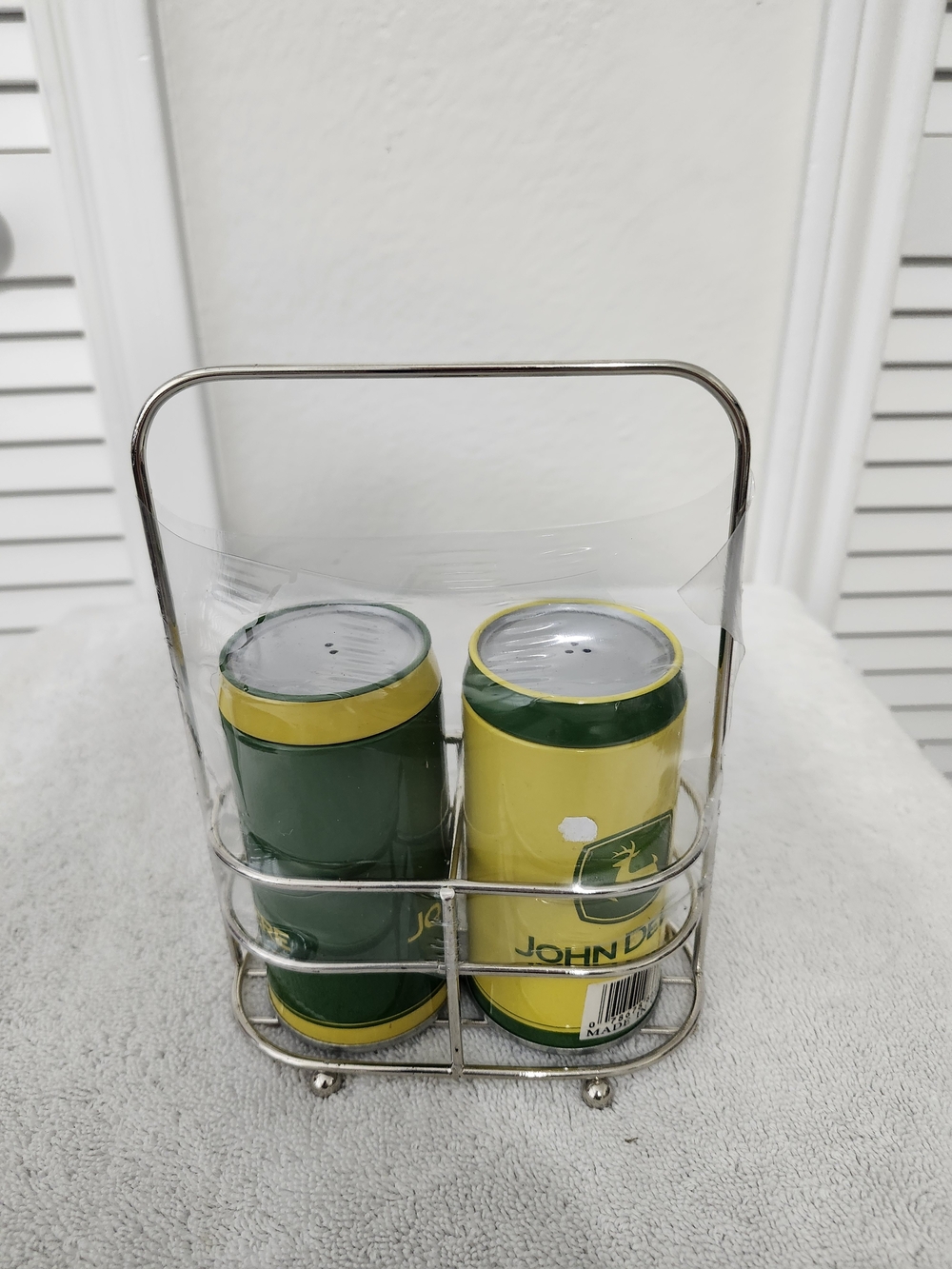 John Deere Green & Yellow Farm Logo Salt and Pepper Set with Metal Caddy